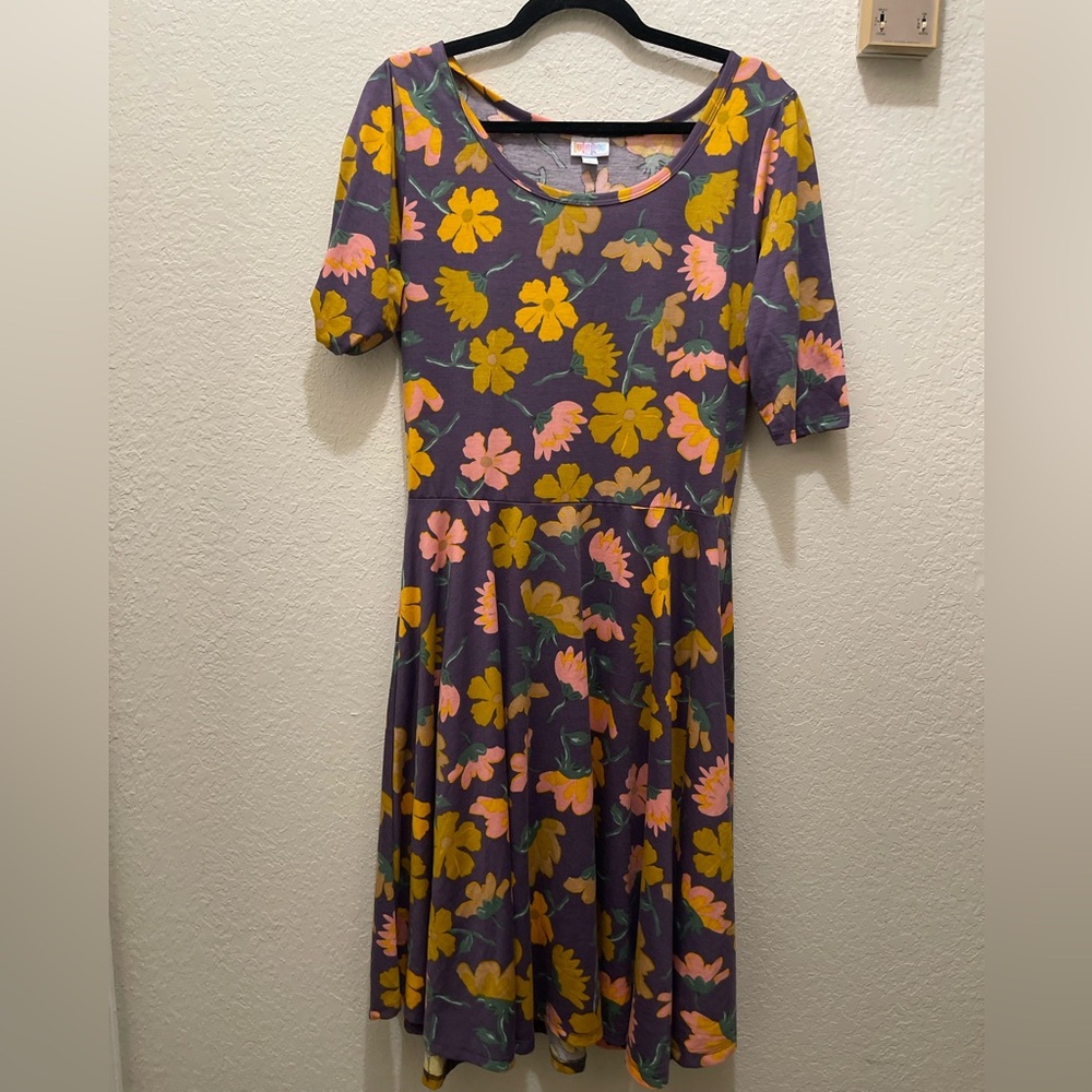 LuLaRoe Purple Midi Dress with Yellow & Pink Floral Print